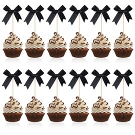 BOXOB 12stk Schwarze Cupcake Deko Schleifen, Kuchen Topper Schleife Coquette Cupcake-Stäbchen mit Schleife Motto-Party-Dekorationen für Babyparty Hochzeit Junggesellinnenabschied Jubiläum Dekor