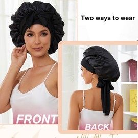 FOLAI Pack of 2 Satin Bonnet Night Sleep Hat, Adjustable Sleeping Cap, Headgear, Soft Headband, Sleep Cap, Silk with Elastic Band for Women and Girls (Black + Black)