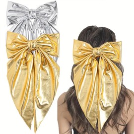 2Pcs Hair Bows for Women, Gold Silver Big Bow Hair Clips Long Tail French Metal Clips Cute Design Hair Accessories Bowknot Hair Ribbon for Birthday Party Costume Hair Styling Decorations