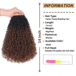 RuiYok 8 Packs PreLooped Yanky Twist Braiding Hair with Curls 14 Inch Ombre Black to Brown Yanky Twist Crochet Hair Pre Twisted Short Passion Twist Crochet Braids Synthetic Hair Extensions for Women RS30#