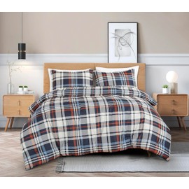 Chezmoi Collection 2-Piece Plaid Comforter Set Twin Size - Blue Orange White Herringbone Plaid Stripe Printed Microfiber Bedding Lightweight Breathable Blanket for All Season