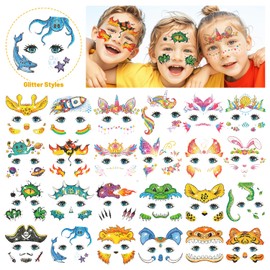 Partywind Glitter Temporary Face Tattoos for Kids, 24 Styles Face Stickers for Face Painting, Waterproof Fake Tattoo Stickers for Kids Makeup, Birthday Party Favors Supplies Goodie Bag Stuffers