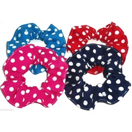 Polka Dot Print Fabric Hair Scrunchies Set of 4 Ponytail Holders Navy Red Turquoise Hot PInk Handmade by Scrunchies by Sherry