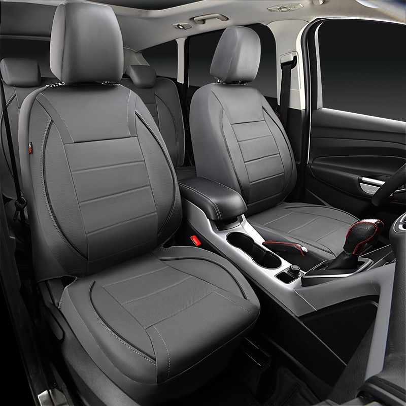 CAR PASS Piping Faux Leather Car Seat Cover Full Set,Grey