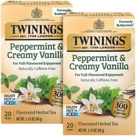 Twinings Peppermint & Creamy Vanilla Tea - A Crisp, Balanced Herbal Tea, Formerly Buttermint, Naturally Caffeine-Free Tea Bags, Individually Wrapped, 20 Count (Pack of 2)