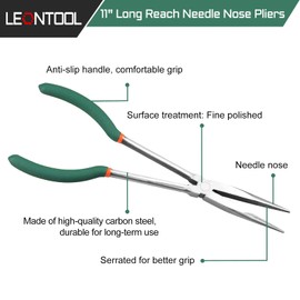 LEONTOOL 11 Inch Long Reach Needle Nose Pliers with Serrated Teeth Long Nose Pliers Straight Extra Long for Hard-to-Reach Narrow Spaces and Limited Clearance Areas