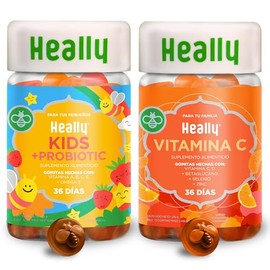 Heally Niños: Multivitamínico para Desarrollo con Omega-3 y Vitaminas A, B, C, E, Sabor Naranja y Fresa, Sin Gluten y Multivitamínico Powerful Defense