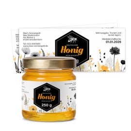 Honig Etiketten 250 g rechteckig selbst gestalten – ab 25 Stück – Honig Aufkleber personalisierbar, selbstklebend, ablösbar – Honigetiketten für Honiggläser – Bauchetiketten – (HONIG - 250 g - RE4)