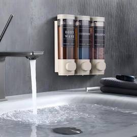 Shampoo and Conditioner Dispenser,Shower Dispenser 3 Chamber No Drilled Shampoo Dispenser for Shower Wall Mounted Body Wash Dispenser for Bathroom Kitchen Hotel Large Capacity,Light Gray