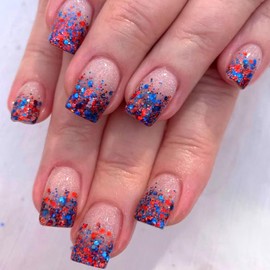 24Pcs Blue Ombre French Tip Independence Day Press on Nails Short Square Fake Nails with Red Blue Glitter Sequins Designs Glossy Glue on Nails Light Pink Full Cover Stick on Nails for Women Girls