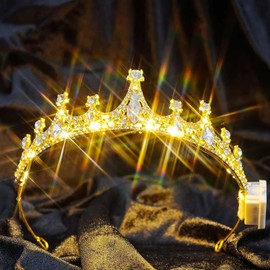 Lorealri Light Up Crystal Crown Headband, Silver,with Comb, Wedding Bridal Prom Birthday Rhinestone Headwear Accessories for Women (Gold C, One Size)