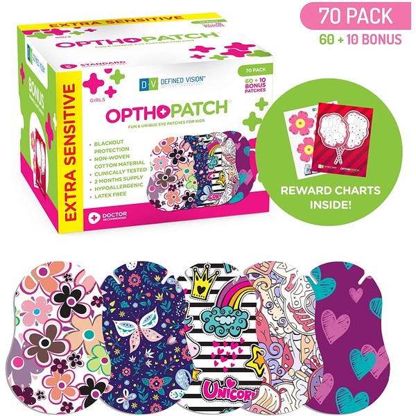 Opthopatch Kids Eye Patches - Fun Girls Design [Series II] - 60 + 10 Bonus Latex Free Hypoallergenic Cotton Adhesive Bandages for Amblyopia and Cross Eye - 3 Reward Chart Posters by Defined Vision