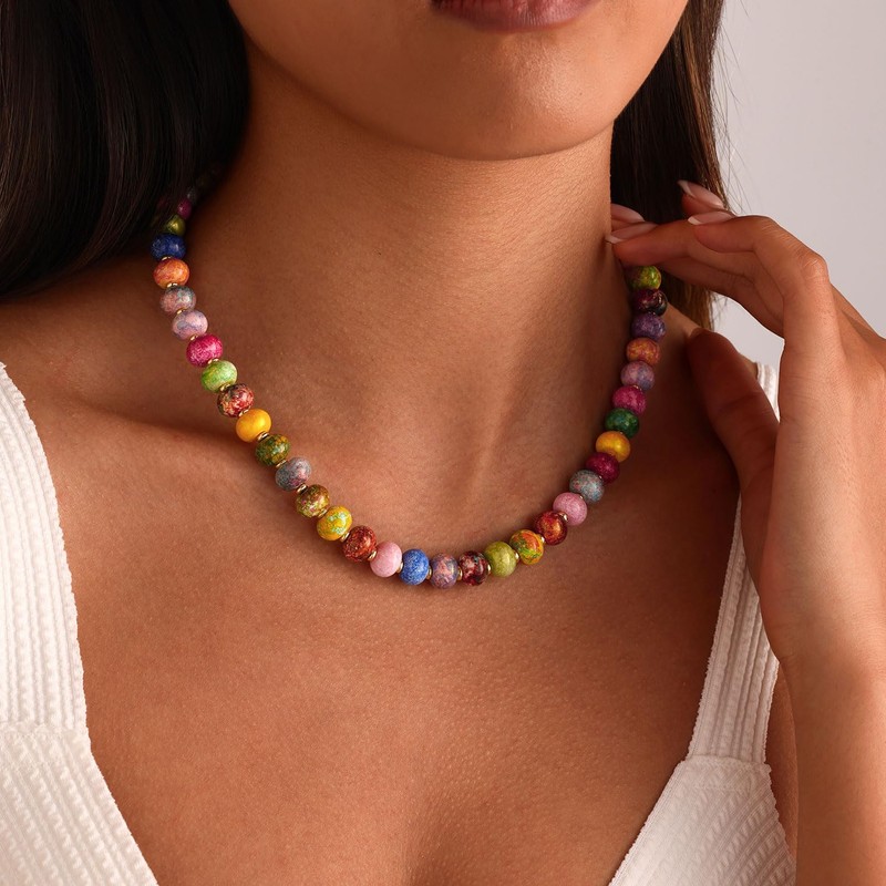 AULSIEY Beaded Gemstone Necklaces for Women, Natural Stone Choker Necklace