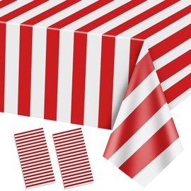 PIXHOTUL 2 Pieces Carnival Table Cloths, Red and White Stripe Tablecloths, Red Plastic Table Cover, Circus Theme Party Decorations for Carnival, Movie Night, Kid's Birthday, Christmas, 130 x 220 cm