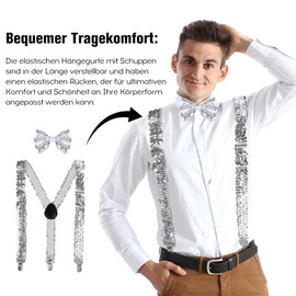 OWOAOOwl Pack of 4 70s Disco Carnival Outfit Men's Accessories, Sequin Hat, Glitter Bow Tie with Bow, Braces and 2 Pairs of Glitter Gloves, for Fancy Dress Party, Jazz Dance Performence