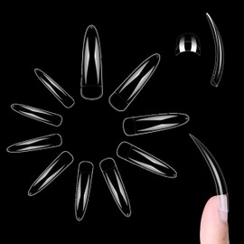 NOVO OVO 500 pcs Half Cover Extra Long Hawk Curved Stiletto/Almond Nail Tips, XXL 2XL Sharp False Nails for Acrylic, Clear QUEEN STILETTO CURVE Eagle Claw Gel Extension x 10 Sizes in Bag for Salon