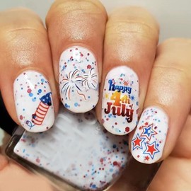 Independence Day Press-on Nails Short Fake Nails Glossy Fireworks Polka Dot English Design Cute False Nails Stars Glitter Press ons Patriotic Stick on Nails 4th of July for Holiday Manicure 24Pcs