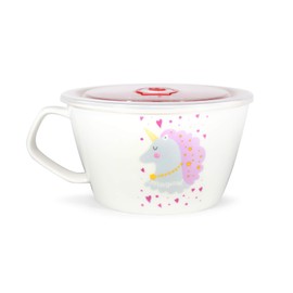 Unique Shape Microwavable Ceramic Noodle Bowl with Handle and Seal Fine Porcelain (PurpleUnicorn)