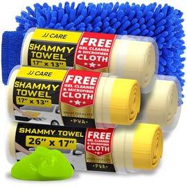 JJ CARE Chamois Cloth (2 PCS Large + 2 PCS Small), Super Absorbent Chamois or Car with Microfiber and Gel Cleaner, Reusable Car Drying Towel, Scratch-Free Towel