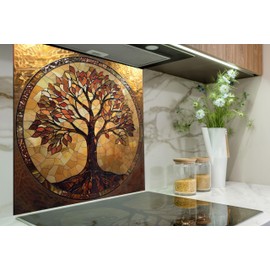 Myphotostation 12Wx10H'' Stained Glass Tree of Life Glass Kitchen BacksplashTempered Glass Backsplash, Glass Splashback For Kitchen, Stove Wall Protector, Cooker Wall Panel, Stove Back Cover
