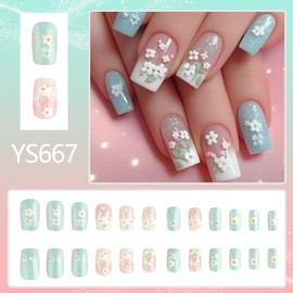 White Gradient Green Glitter Flower Fake Nails Press On Nails Medium Short Coffin Square,Glossy with Designs Full Cover Acrylic Glue on Nails False Nails Thick French Tip Stick on Nails for Women 24Pcs YS667