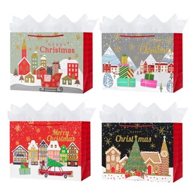 OFIHANLY 4 Pack 14.9" Large Size Merry Christmas Gift Bags with Handles for Xmas Holiday Presents Glitter Paper Wrapping Bag with Tissue Paper