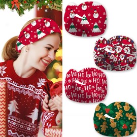 4 Pcs Christmas Headbands for Women, Wide Turban Dress Up Costume Stretchy Breathable Non Slip Head Wrap, Santa Claus Gingerbread Man Snowman Holiday Fall Winter Hair Band for Yoga Running Party