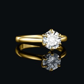 JewelryPalace Classic 2ct Cubic Zirconia Solitaire Engagement Rings for Women, 14K Yellow Gold Plated 925 Sterling Silver Promise Ring for Her, Round Cut CZ Anniversary Wedding Rings Size N