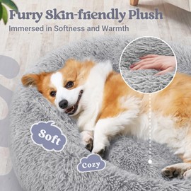 rabbitgoo Calming Dog Bed for Small Medium Dog, 30 inches Pet Bed Machine Washable, Non-Slip Round Fluffy Plush Faux Fur Large Cat Bed, Soft Donut Cuddler Cushion for Small Dog, Light Grey