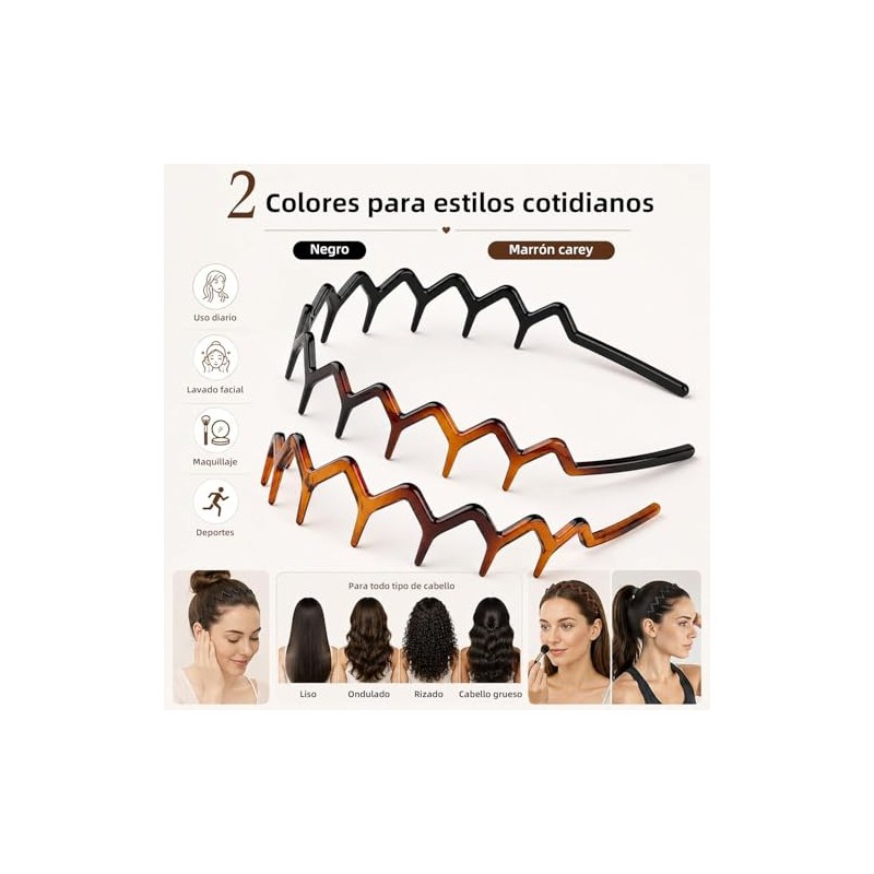 Diademas Zigzag 2 Piezas, Onduladas Antideslizantes Unisex