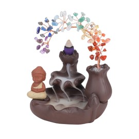 CrystalTears Ceramic Incense Stick Holder Waterfall with Buddha Figure 7 Chakra Crystal Tree Incense Burner Room Decoration