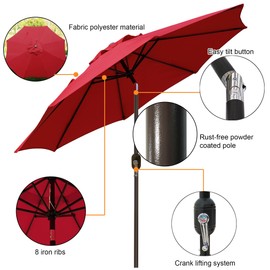 Blissun 9' Outdoor Patio Umbrella, Outdoor Table Umbrella, Yard Umbrella, Market Umbrella with 8 Sturdy Ribs, Push Button Tilt and Crank (Red)