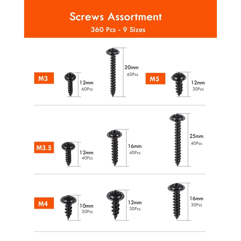 Gorffy Tapping Screws, 360 Pieces Black Screws, Self-Tapping Screws with