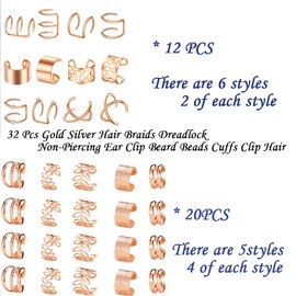32 Pcs Hair Braids Dreadlock Non-Piercing Ear Clip Beard Beads Cuffs Clip Hair Charms, 50pcs Disposable Rubber Band (Rose Gold)