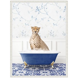 Kate and Laurel Cheetah in Eclectic Blue Bath Framed Canvas Wall Art by Amy Peterson 18 x 24 Sylvie Beaded White, Whimsical, Animals, Bathroom Art for Wall Decor, Living Room, Bedroom