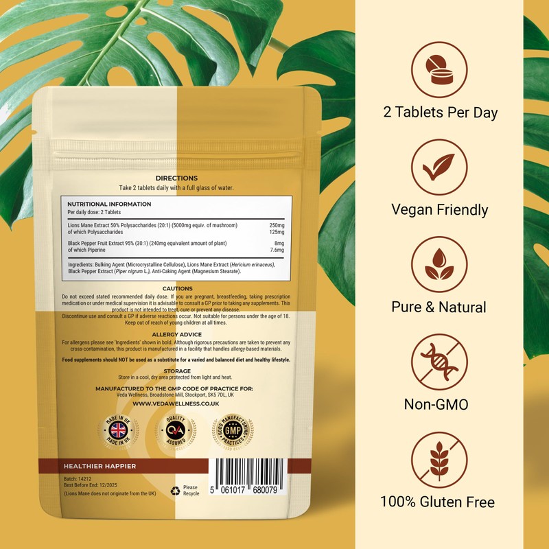 Pure Lion's Mane Extract 5000mg - 50% Polysaccharides, Lab Tested,