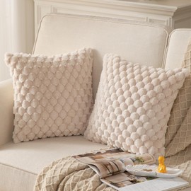 Mandioo Pack of 2 Beige Super Soft Plush Decorative Cushion Covers 22x22 inch 55x55 cm Wool Velvet Throw Pillow Covers cases Faux Fur fluffy Couch Sofa Bed Livingroom