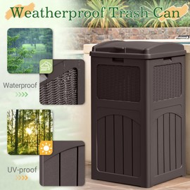 Greesum 33 Gallon Outdoor Trash Can with Lid, Waterproof Resin Garbage Bin for Hideaway, Deck, Patio, Dark Brown