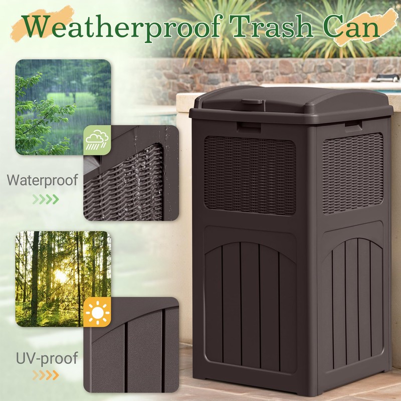 Greesum 33 Gallon Outdoor Trash Can with Lid, Waterproof Resin