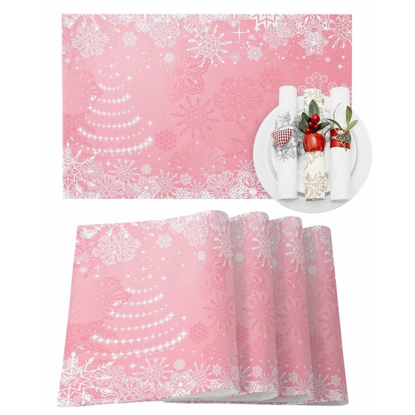 Christmas Pink Placemats Set of 4, Winter White Snowflake Place