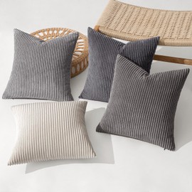 MIULEE Corduroy Cushion Cover, Decorative Sofa Cushion Cover, Square Decorative Cushion Cover, Striped Cushion Covers for Living Room, Bedroom, Pack of 4, 40 x 40 cm, Dark Grey Series Series