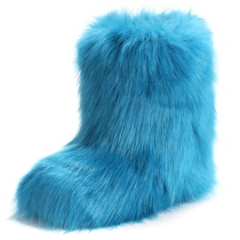 IXU Women's Faux Fur Boot Furry Fluffy Round Toe Suede Snow Winter Women Boots Comfy Plush Warm Short Outdoor Indoor Flat Shoes Mid-Calf Boots