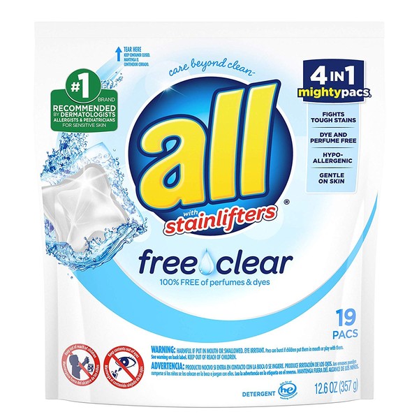 All Mighty Pacs Laundry Detergent, Free Clear for Sensitive Skin, 19 Count Pods (Pack of 2)