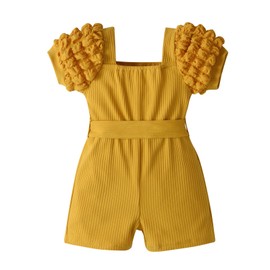 Infant Little Baby Girl Summer One-Piece Romper Clothes Outfits Set Toddler Solid Color Neck Puff Sleeve Waist Jumpsuit Kids 9-12 Months Yellow
