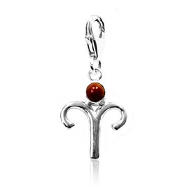 Star Sign Pendant Aries 15 mm 925 Sterling Silver with Jasper Gemstone Red Constellation Charms Bracelet Chain, Sterling Silver