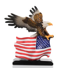9'' Tall Bald Eagle with Outspread Wings Perching On Star Spangled Banner USA Flag Memorial Desk Ornament Figurine