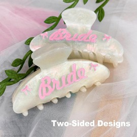 2Pcs Bride Claw Clip White Marble Acrylic with Blue Bow Hair Accessory, Bridal Pearl Headband for Bridesmaids, Wedding Day Hair Clip, Bachelorette Party Favor Gift (Pink)