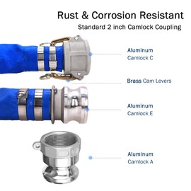 DAVCO 2" ID × 100 ft PVC Lay Flat Discharge Hose, Heavy Duty Reinforced Blue Pool Backwash Hoses For Swimming Drain Pools, with Aluminum Camlock C and E Fittings, Cam Lock Fitting Type A included