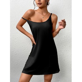 Ekouaer Nightgowns for Women Cotton Sleepwear Adjustable Spaghetti Strap Sleepshirt Racerback Sleep Dress with Pockets Black L