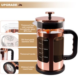 RealPero French Press Coffee Tea Maker, Upgrade Heat Cold Resistant Thickened Glass with 4 Level Stainless Steel Filtration System Brew Coffee & Tea, BPA Free, Large 1000ml 34oz, Rose Gold